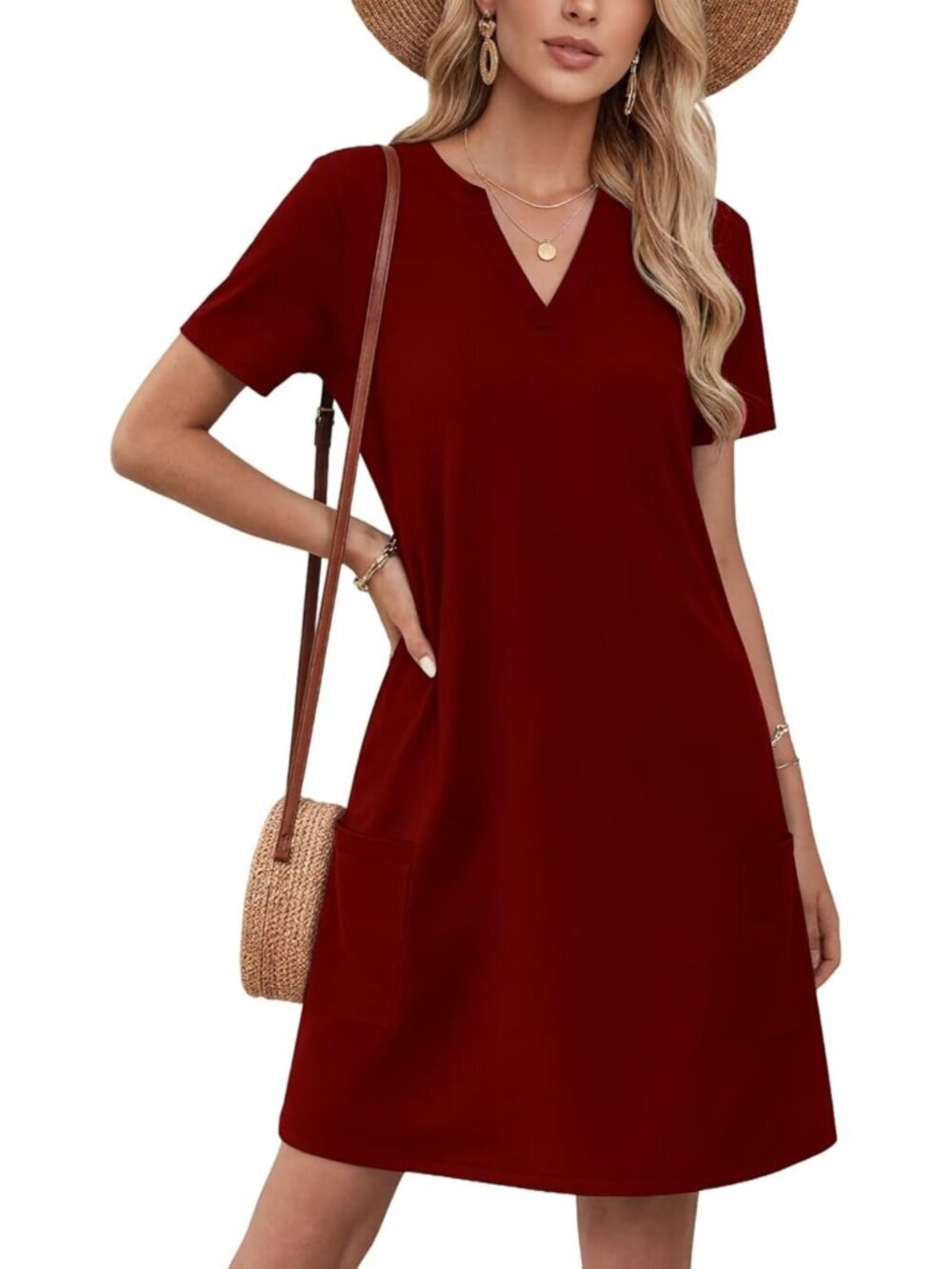 Women's Wine Red Resort Short Sleeve Casual Fashion Beach Dresses with Pockets